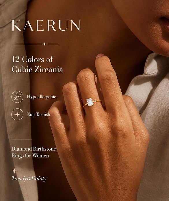 KAERUN Gold Birthstone Rings for Women Non Tarnish 14K Gold Plated Stackable CZ Thumb Eternity Rings Dainty Emerald Green Gemstone Engagement Ring for Mother Lover Birthday Jewelry Gifts Size 6-10