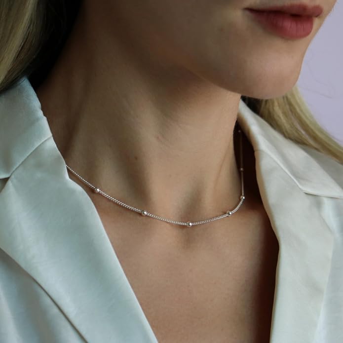 Bead Station Necklace on Cable Chain - 2 mm beads, Minimalist 925 Sterling Silver Necklace for Women, Simple & Elegant - Stylish Gift Packaging for Special Occasions