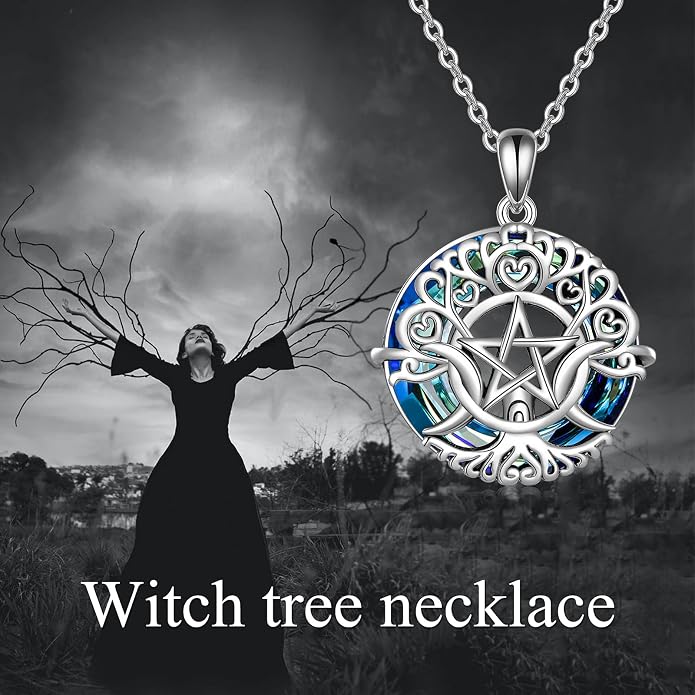 YFN Triple Moon Goddess Necklace Sterling Silver Pentagram Pentacle Opal Pendant necklace Pagan Wiccan Magic Amulet Tree of Life Jewelry for Women Men 18"