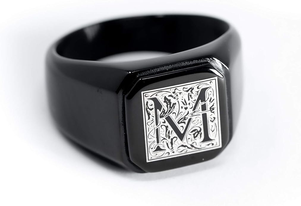 Jewelry | Stainless Steel Letter Alphabet Initial Ring | Square Flat Top Ring for Men & Women | Stainless Steel Jewelry, (Black, Gold, Silver), Size 7-16