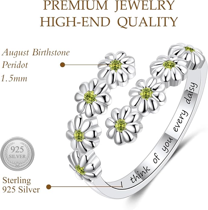 Dainty Daisy Ring for Women, S925 Sterling Silver Cubic Zirconia Sunflower Flower Ring For Daughter, I Think Of You Every Daisy Ring, Birthstone Flower Ring
