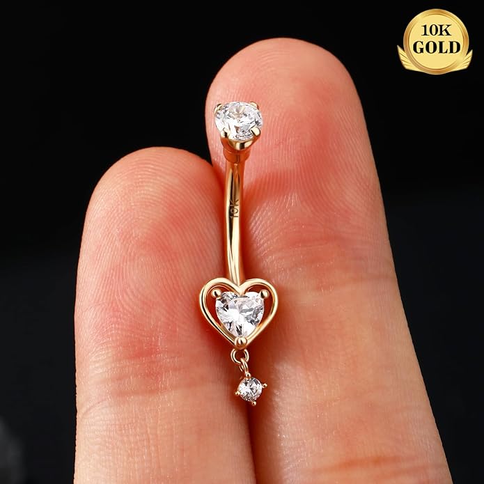 Melighting 14K Solid Gold Belly Button Ring Heart Belly Ring Gold Dangle Belly Piercing Jewelry 14G Navel Ring for Women