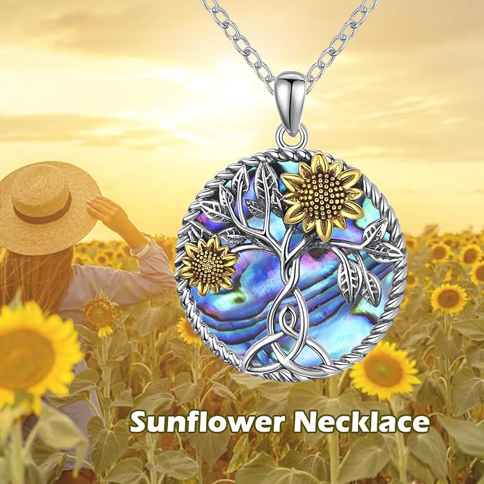 CHENGHONG Sunflower Necklace 925 Sterling Silver Tree of Life Necklace Daisy/Rose/Sunflower Pendant Necklace Sunflower Jewelry Gifts for Women Mom