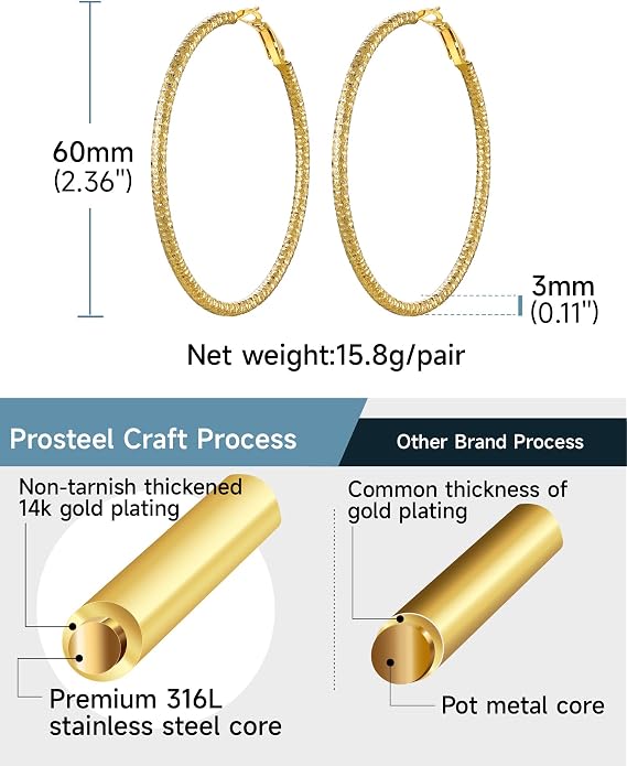PROSTEEL 30/40/60/80/100mm Chunky Hoop Earrings For Women Gold Plated/Black Stainless Steel Hoops Earrings Statement Jewelry