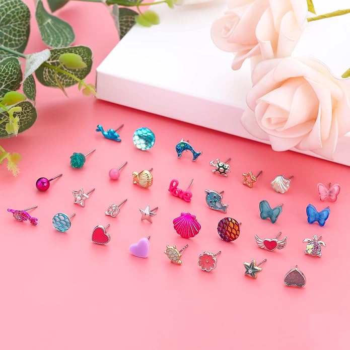 NEWITIN 100 Pairs Colorful Cute Earrings for Girls Sensitive Ears Hypoallergenic Girl Stud Earrings Set Stainless Steel Cartoon Stud for Girls and Women