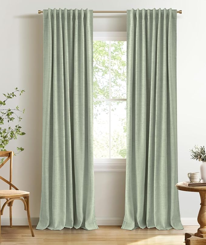 INOVADAY 100% Blackout Curtains 84 Inches Length 2 Panels Set, Back Tab/Rod Pocket Linen Black Out Curtains for Bedroom, Thermal Insulated Window Drapes - Sage Green, W50 X L84