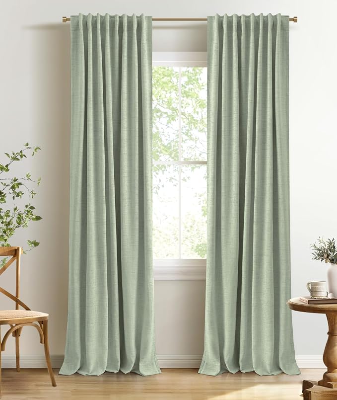 INOVADAY 100% Blackout Curtains 108 Inches Length 2 Panels Set, Back Tab/Rod Pocket Linen Black Out Curtains for Bedroom, Thermal Insulated Window Drapes - Sage Green, W50 X L108