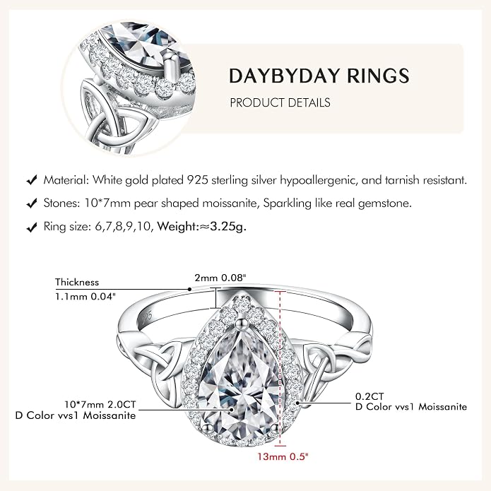 DAYBYDAY Celtic Birthstone Rings for Women 925 Sterling Silver Heart/Round/Pear/Oval Created Gemstone Moissanite Halo Engagement Promise Rings for Her Wife Birthday Anniversary Wedding Jewelry