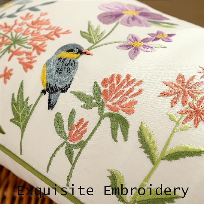 Embroidered Throw Pillow Covers 12 x 20 Pack of 2 Vintage Birds with Flowers Pillow Covers Summer Decor Pillowcase Farmhouse Floral Pillow Cushion Cases Boho Pillowcases Lumbar Pillow Case