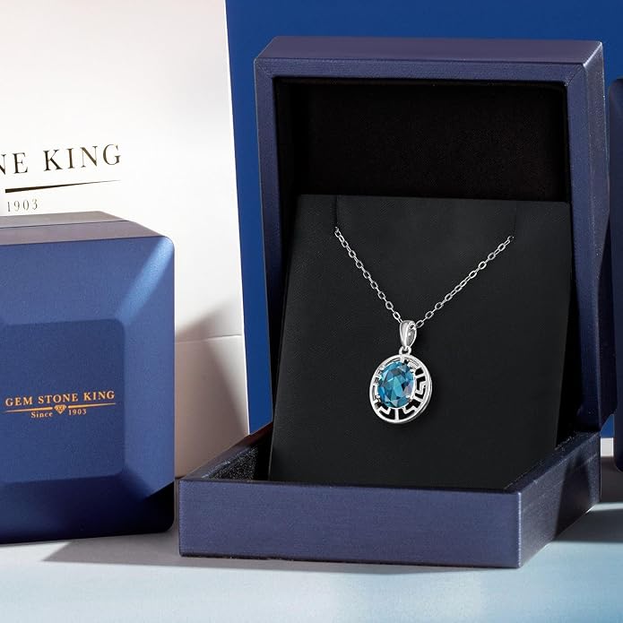 Gem Stone King 925 Sterling Silver 10X8MM Oval Gemstone Birthstone Necklace | Greek Key Pendant Necklace for Women | With 18 Inch Silver Chain