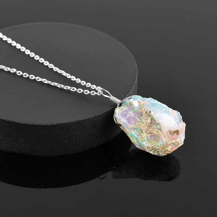 Raw Ethiopian Fir Opal Pendant Necklace for Women, Dainty Pendant, Handmade October Birthstone, Hypoallergenic Spiritual Healing Stone 925 Sterling Silver Chain 20" Birthday Gifts