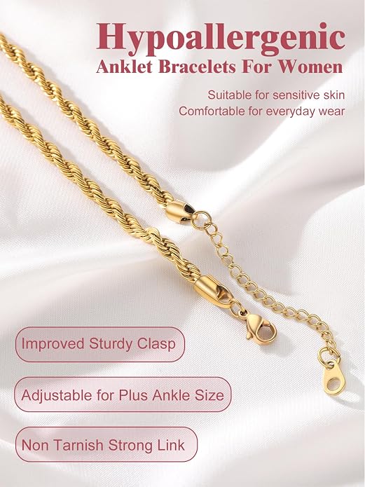 FOCALOOK 14K Gold Plated Anklets for Women Waterproof Plus Size Ankle Bracelet 8.5-10.5 Inch Adjustable Mariner/Figaro/Flat Snake/Cuban Link Chain Anklet Jewelry for Summer Beach Holiday