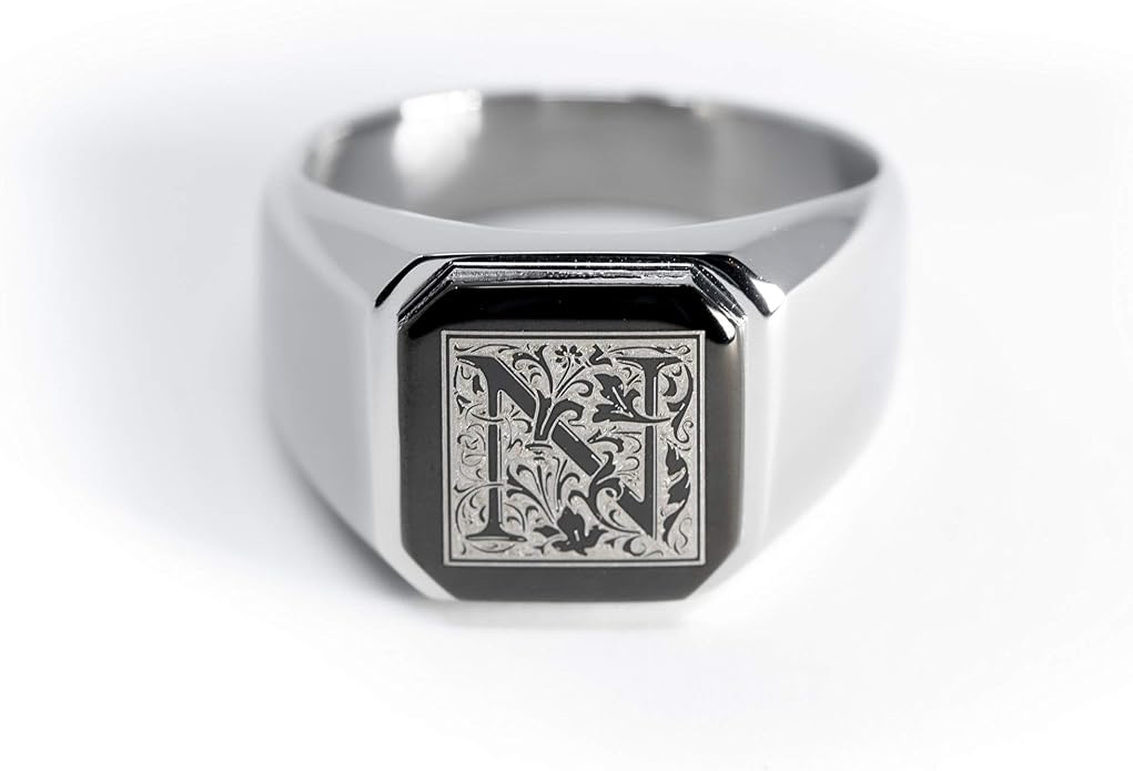 Jewelry | Stainless Steel Letter Alphabet Initial Ring | Square Flat Top Ring for Men & Women | Stainless Steel Jewelry, (Black, Gold, Silver), Size 7-16