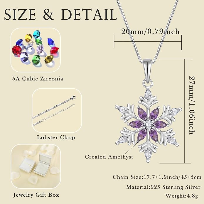 925 Sterling Silver Snowflake Necklace for Women Birthstone Snowflake Pendant Necklace Cubic Zirconia Christmas Jewelry