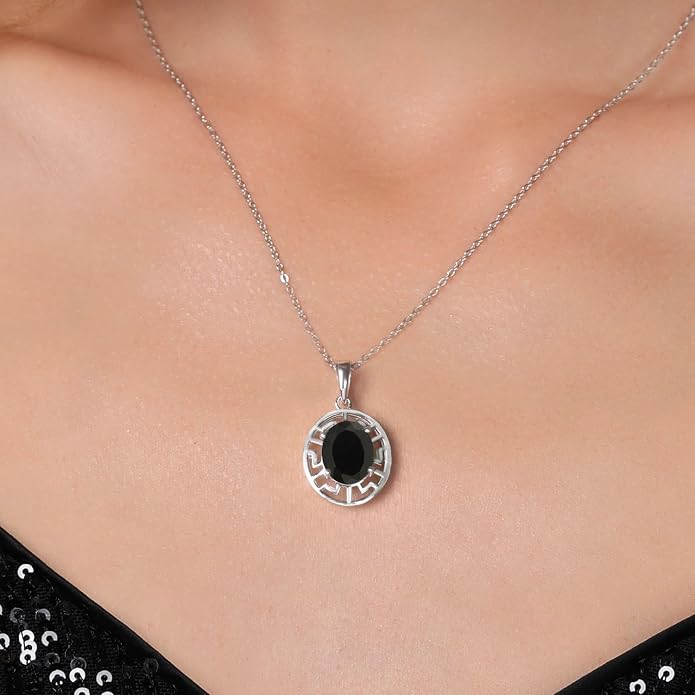 Gem Stone King 925 Sterling Silver 10X8MM Oval Gemstone Birthstone Necklace | Greek Key Pendant Necklace for Women | With 18 Inch Silver Chain