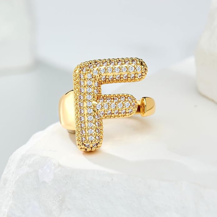Cicy Bell Initial Rings for Women 14k Gold Plated Cubic Zirconia Delicate Letter Chunky Statement Open Rings Gifts for Her