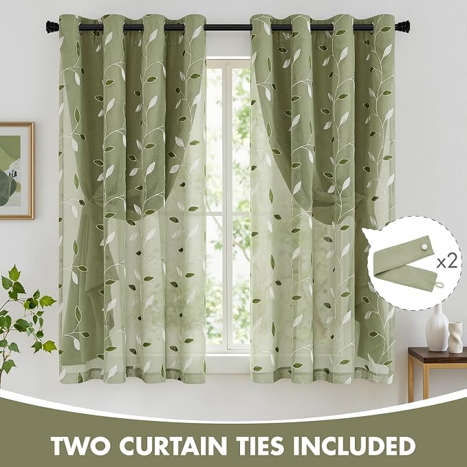 MIULEE Sage Green Double Layer Curtains 63 Inches Long, Leaf Patterned Sheer Floral Drapes and Blackout Room Darkening Window Curtains for Living Room Bedroom, Grommets Top, 52" W x 63" L, 2 Panels