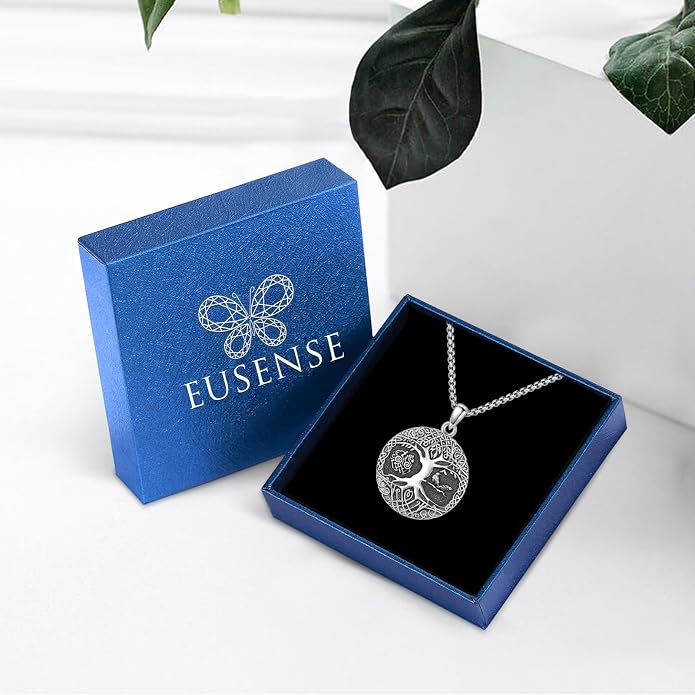 Eusense Viking Necklace for Men Women 925 Sterling Silver Pendant Thors Hammer/Norse Runes/Odin's Ravens/Wolf/Dragon/Snake/Yggdrasil/Freya/Helm of Awe/Valknut/Triskelion/Axe/Shield Viking Jewelry