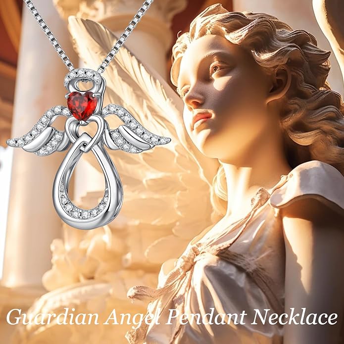 925 Sterling Silver Guardian Angel Pendant Necklace for Women with Birthstone Cubic Zirconia Little Angel Pendant Necklace Jewelry 18 inch Chain