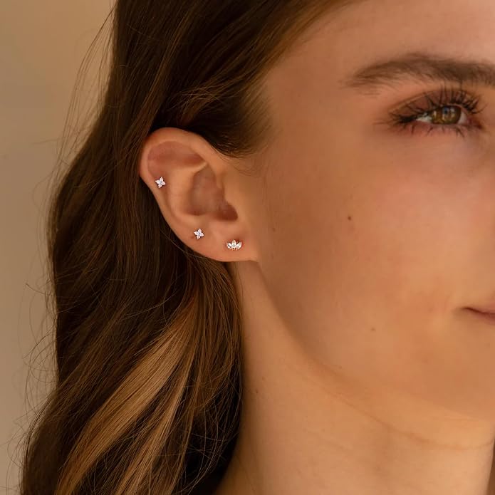 14K Yellow/White/Rose Gold Cartilage Earring Top Push in 1 Pcs Threadless Flower Flat Back Stud Nose Stud Lip Ring 16G Helix Tragus Piercing Jewelry for Women 6mm 8mm