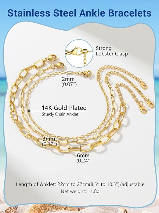 PROSTEEL Gold/Silver Anklets for Women Waterproof, 14K Gold Plated Ankle Bracelet Non Tarnish, Jewelry Gifts Adjustable