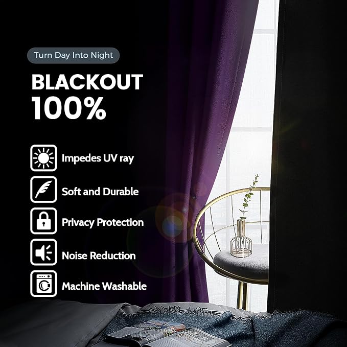 SimpleHome Purple 100% Blackout Curtains Room Darkening Living Room 63 Inch | Curtains for Bedroom,Thermal Insulated Grommet Window Drapes,Curtains for Living Room with Black Back,52 x 63 Inch,2 Panels