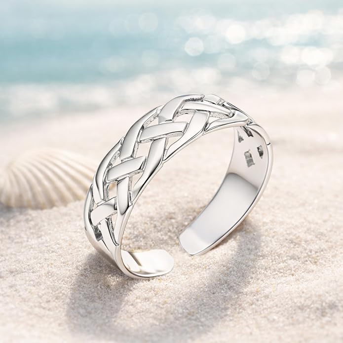 AeraVida .925 Sterling Silver Adjustable Toe Ring or Pinky Ring 5mm Wide Open Band, Stackable Minimalist Summer Foot Jewelry | Sun Moon Star Turtle Butterfly Leaf Olive Branch Ocean Wave Yin Yang Design