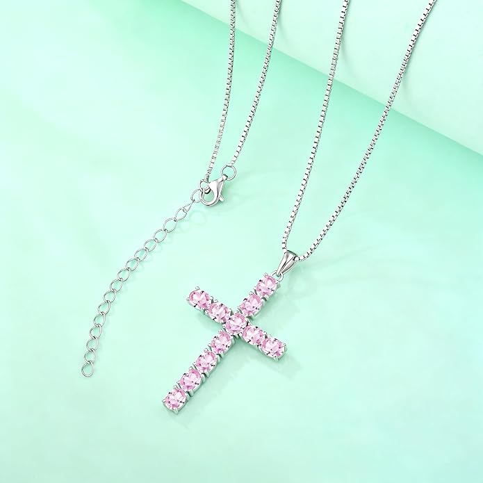 925 Sterling Silver Cross Necklace for Women Men Christian Jesus Faith Birthstone Cross Crucifix Pendant Necklaces