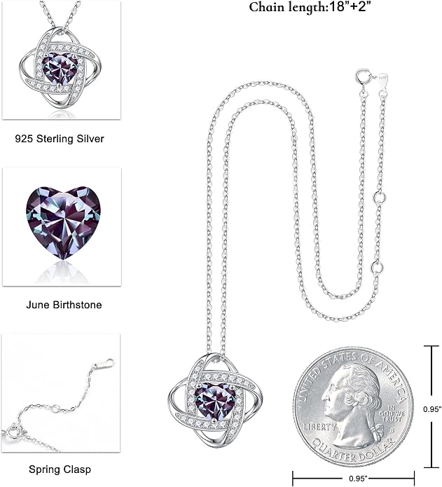 Iefil 925 Sterling Silver Love Knot Birthstone Necklace, Anniversary Birthday Gifts for Women, Jewelry Gift for Wife Mom Girlfriend Daughter