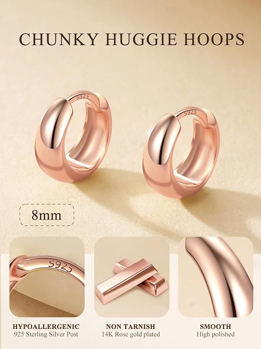 Bestyle Gold Huggies Earrings for Women Hypoallergenic 925 Sterling Silver Post Huggie Hoop Earrings Thick Lightweight Small Hoop Earrings 8/10/12/14mm