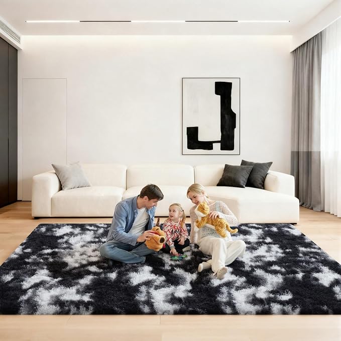 Black and White Rugs for Living Room, Large Fluffy 6x9 Area Rugs for Bedroom, Fuzzy Shag Soft Non-Slip Carpet for Kids Girls and Boys Nursery Dorm Indoor Room Home Decor (6ft X 9ft)