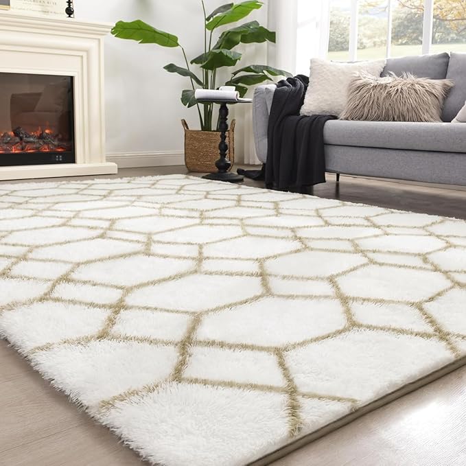 Fluffy Rug for Bedroom, Soft 6x9 White Shag Plush Geometric Area Rugs | Modern White and Beige Rug, Non Slip Carpet for Living Room, Aesthetic Home Decor, Fuzzy Floor Mat for Nursery Teen Dorm