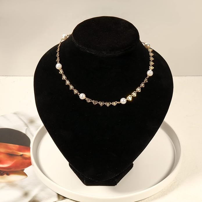 Pearl Necklace Love Heart Choker Link 18k Gold Infinite Elegant Forever Short Satellite Tiny Chain Dainty Cute Statement Valentine's Day Gift Handmade Vintage Jewelry for Women