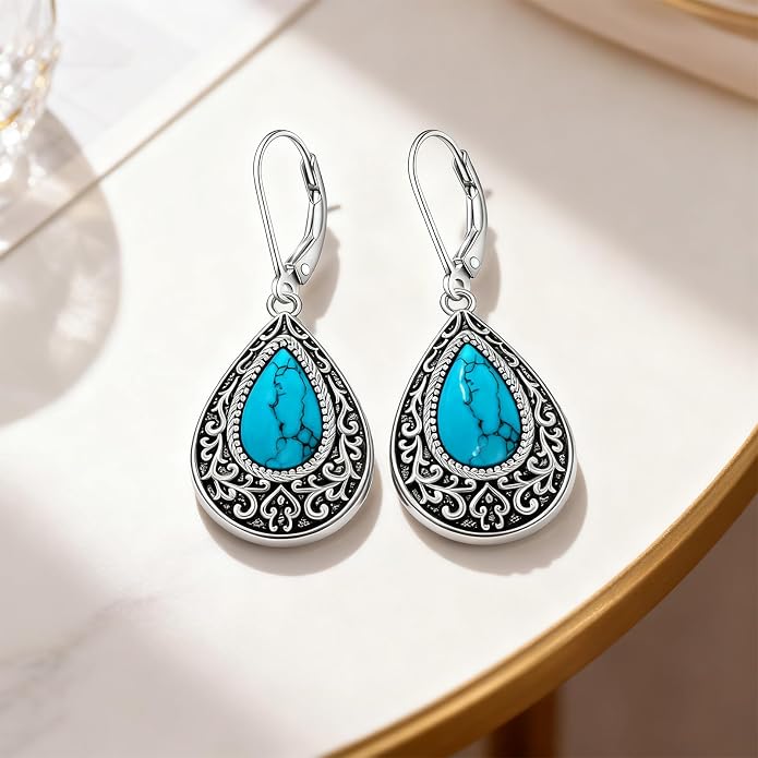 Turquoise Earrings for Women Sterling Silver Dangle Earrings Filigree Jewelry Drop Leverback Mothers Day Gift
