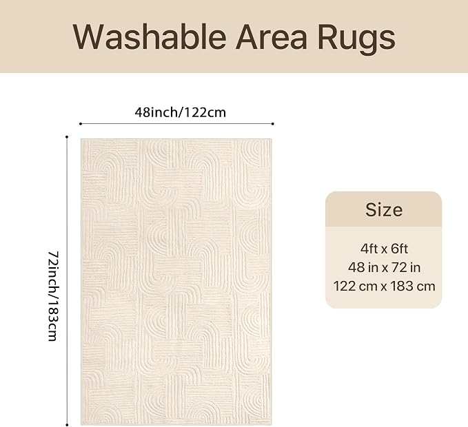 GENIMO Soft Washable Area Rugs 4x6, 3D Modern Arch Design Living Room Rug, High-Low Pile Textured Non Slip Fuzzy Shag Carpet, Non-Shedding Stain Resistant Beige Carpet for Bedroom, Entryway, Nursery