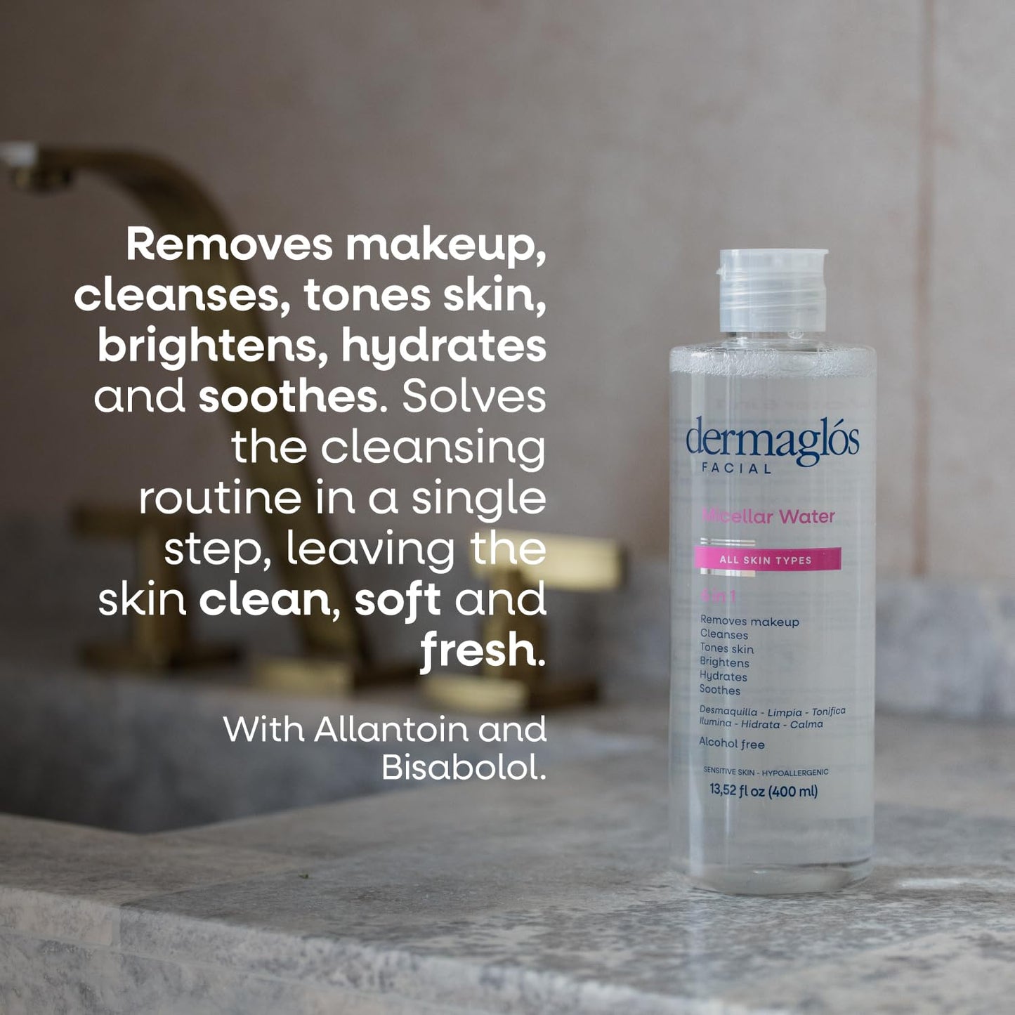 Dermaglos Micellar Water for All Skin Types Even Sensitive | All In 1 Hydrating Facial Cleanser & Makeup Remover, Brightening, Soothing, Gentle Face Toner | Alcohol-Free Formula | 13.52 Fl Oz