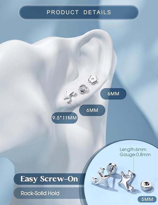 ORAZIO 925 Sterling Silver Flat Back Stud Earrings for Women Hypoallergenic 14K Gold Plated Cartilage Earrings for Sensitive Ears Small CZ Opal Conch Helix Tragus Piercing Jewelry 3 Pairs 20G