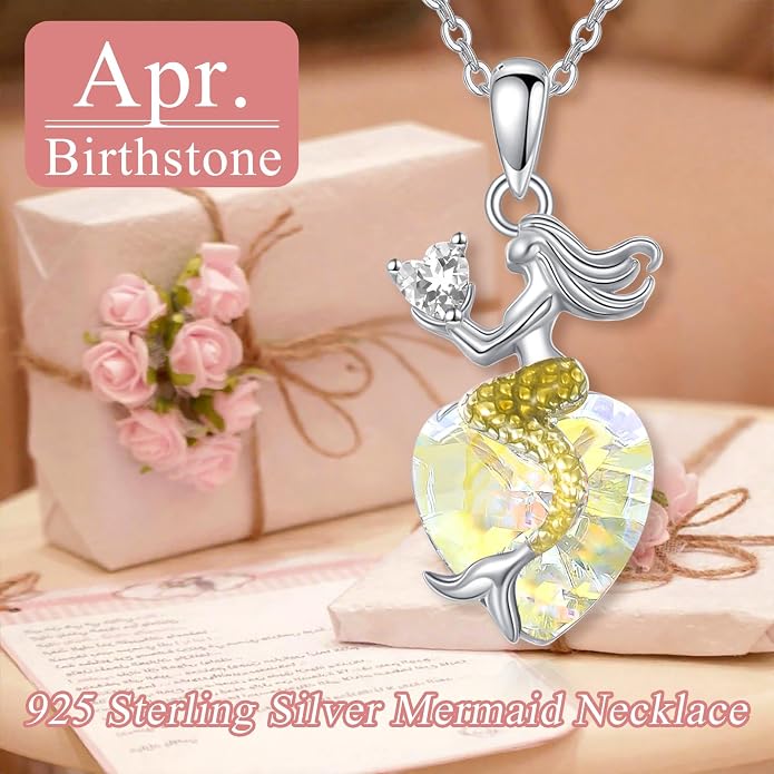 Mermaid Birthstone Necklace for Women 925 Sterling Silver Jewelry Austrian Crystal Pendant Christmas Gifts for Her