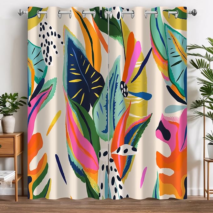 Boho Floral Abstract Black Out Window Curtains, Jungle Colorful Asthetic Modern Art Bohemian Decor for Bedroom, Living Room, Art Gallery Grommet Window Drapes 2 Panel Set, 52"x63"