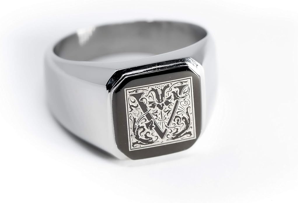 Jewelry | Stainless Steel Letter Alphabet Initial Ring | Square Flat Top Ring for Men & Women | Stainless Steel Jewelry, (Black, Gold, Silver), Size 7-16