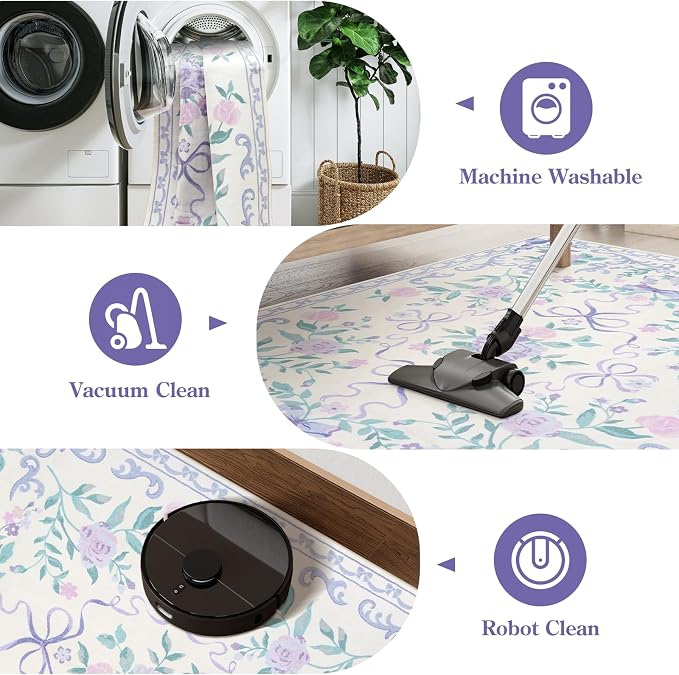 Collive Purple Rugs for Bedroom Girls, 4x6 Boho Floral Washable Area Rug Non Slip, Soft Indoor Decor Elegant Carpet for Kids Room Nursery Living Room Dining Room (Purple 4' x 6')