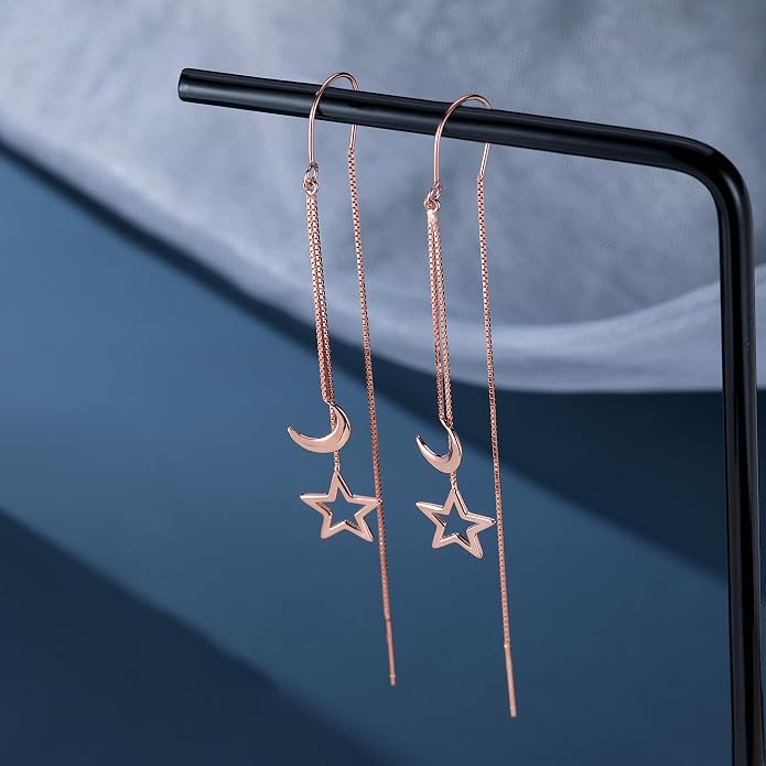 Reffeer Solid 925 Sterling Silver Moon Star Threader Dangle Earrings Chain for Women Teens Long Dangle Earrings Tassel Chain
