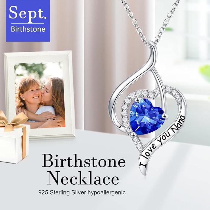 Nana Gifts Sterling Silver Heart Birthstone Necklaces, I Love You Nana Gifts for Mothers, Grandma