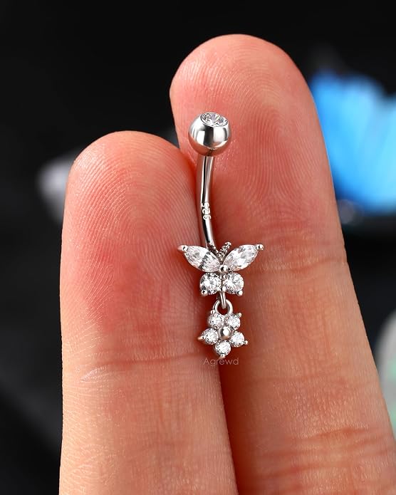 14K Gold Plated Belly Button Rings Dangle Belly Navel Rings for Women 925 Sterling Silver Navel Piercing Jewelry Surgical Steel