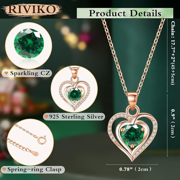 RIVIKO Heart Birthstone Pendant Necklace for Women 925 Sterling Silver Zirconia Necklaces Valentine's Day Anniversary Birthday Mothers Day Jewelry Gifts For Her Mother Wife