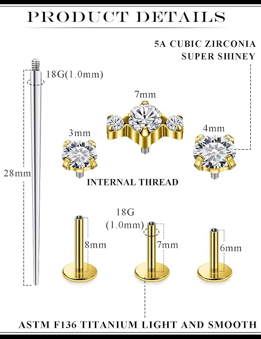 20G 18G 16G Astm F136 Titanium Internal Thread Flat Back Earrings Nose Studs Tragus Forward Helix Conch Cartilage Lobe Earring Stud Medusa Labret Monroe Lip Ring Piercing Jewelry For Women Men