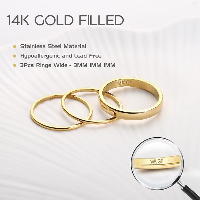 Jstyle 14K Gold Filled Stacking Rings for Women, Minimalist Stackable Gold Rings, Dainty Non Tarnish Pinky Thumb Statement Thin Band Rings Set, Comfort Fit 1mm 3mm