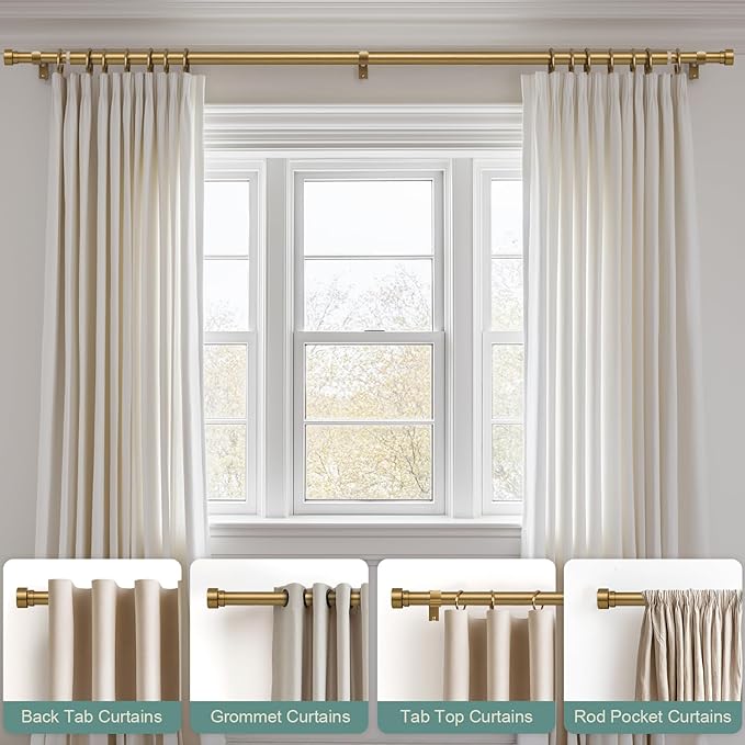 Lootkell 2 Pack Warm Gold Curtain Rods for Windows 28 to 48 Adjustable Length Heavy Duty 1" Diameter Brass Window Curtain Rod with Solid Metal Finials for Outdoor Farmhouse Bedroom Kitchen Living Room