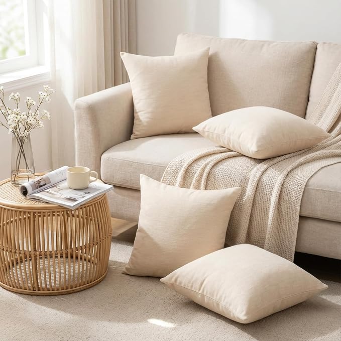 Set of 4 Khaki Throw Pillow Covers 24x24 Inch, Neutral Boho Farmhouse Aesthetic Decorative Pillow Cases for Couch, Sofa, Living Room & Bed, Soft Chenille Pillow Cases, Stylish Home Decor, 60x60 cm