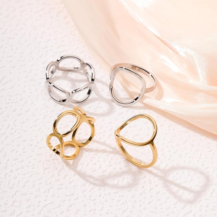 2PCS Circle Statement Ring Set for Women 14K Gold Plated Simple Link Chain Knuckle Stacking Bands（Gold and Silver, Size 5 to 10）